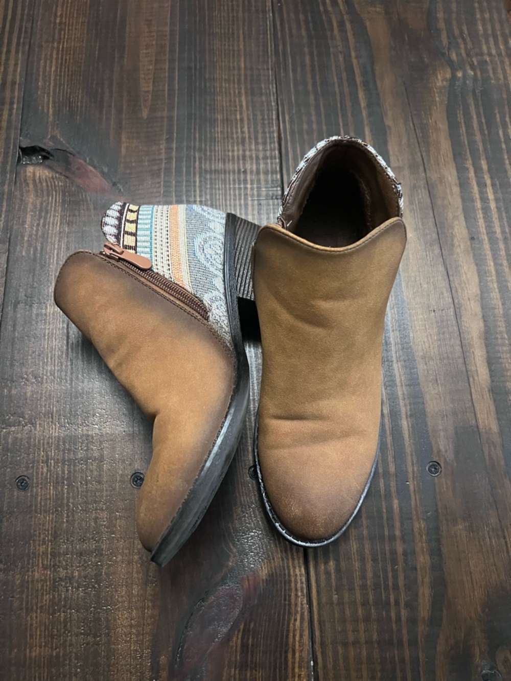 Roper Tan Suede Ankle Heeled Boots with Patterned Heel